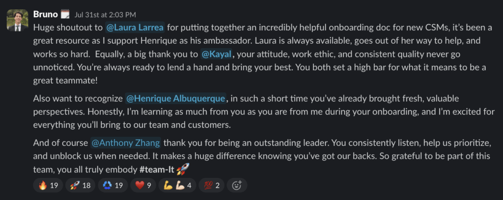 Slack Hubstars shoutout from Bruno praising Laura Larrea, Kayal, Henrique Albuquerque, and Anthony Zhang for teamwork and leadership.